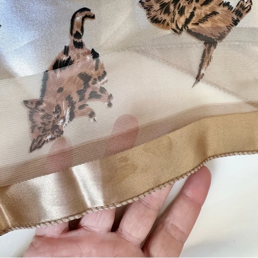 Metallic Gold Cream Chiffon Satin Silky Cat Print Scarf